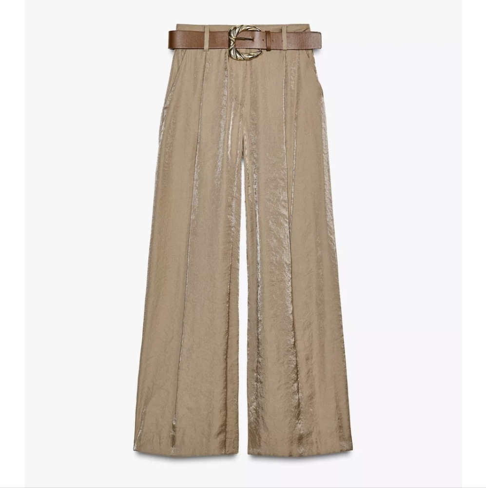 ZARA SATIN WIDE-LEG BELTED PANTS